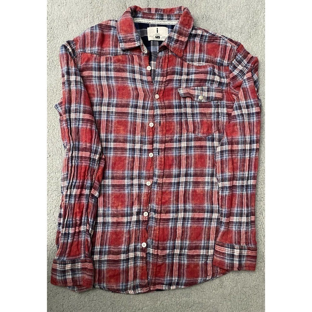 i Jeans Buffalo Mens LS Button Down Red Blue White Plaid Flannel Shirt SZ M EUC